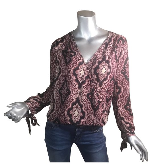 Lily Black Small V Neck High Low Blouse Long Sleeve Tie Cuffs Boho Top Pink Blac - Picture 1 of 16